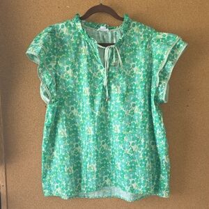 Chic Soul Green Cottagecore Floral Tie‑Neck Blouse 2X With Flutter Sleeves